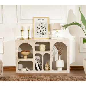 "Liva" Houten Buffet – Elegant Design – Travertijn Afwerking – 120 x 37 x 74 cm – Ideaal voor Moderne en Klassieke Ruimtes