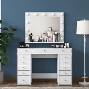 "Baria Houten Make-up Kaptafel met Spiegel – Wit – 120 x 44 x 80 cm – 13 Laden"