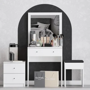 "Nice" Houten Kaptafel Set – Wit – 65 x 35 x 139 cm – Kaptafel met Spiegel en Krukje