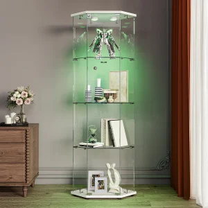 Hoekvitrinekast van glas met ledverlichting en 4 schappen – één deur – met slot – wit Hoekvitrinekast van glas met ledverlichting en 4 schappen – één deur – met slot – wit