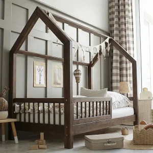 Cabinebed 90×200 inclusief spijlen en lattenbodem poten 10 cm Sofia Donker hout