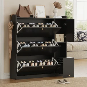 Kantelbare schoenenkast – 119 x 24 x 122 cm – met 3 neerklapbare deuren + lade + inklapbaar bankje – MDF – zwart Kantelbare schoenenkast – 119 x 24 x 122 cm – met 3 neerklapbare deuren + lade + inklapbaar bankje – MDF – zwart