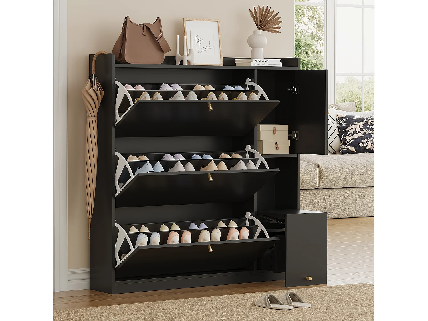 Kantelbare schoenenkast - 119 x 24 x 122 cm - met 3 neerklapbare deuren + lade + inklapbaar bankje - MDF - zwart