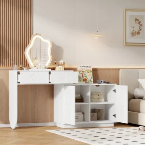 Kaptafel met LED-spiegel – 160 x 40 x 132 cm – met 2 lades + 1 kast met twee deuren – MDF + spaanplaat – wit