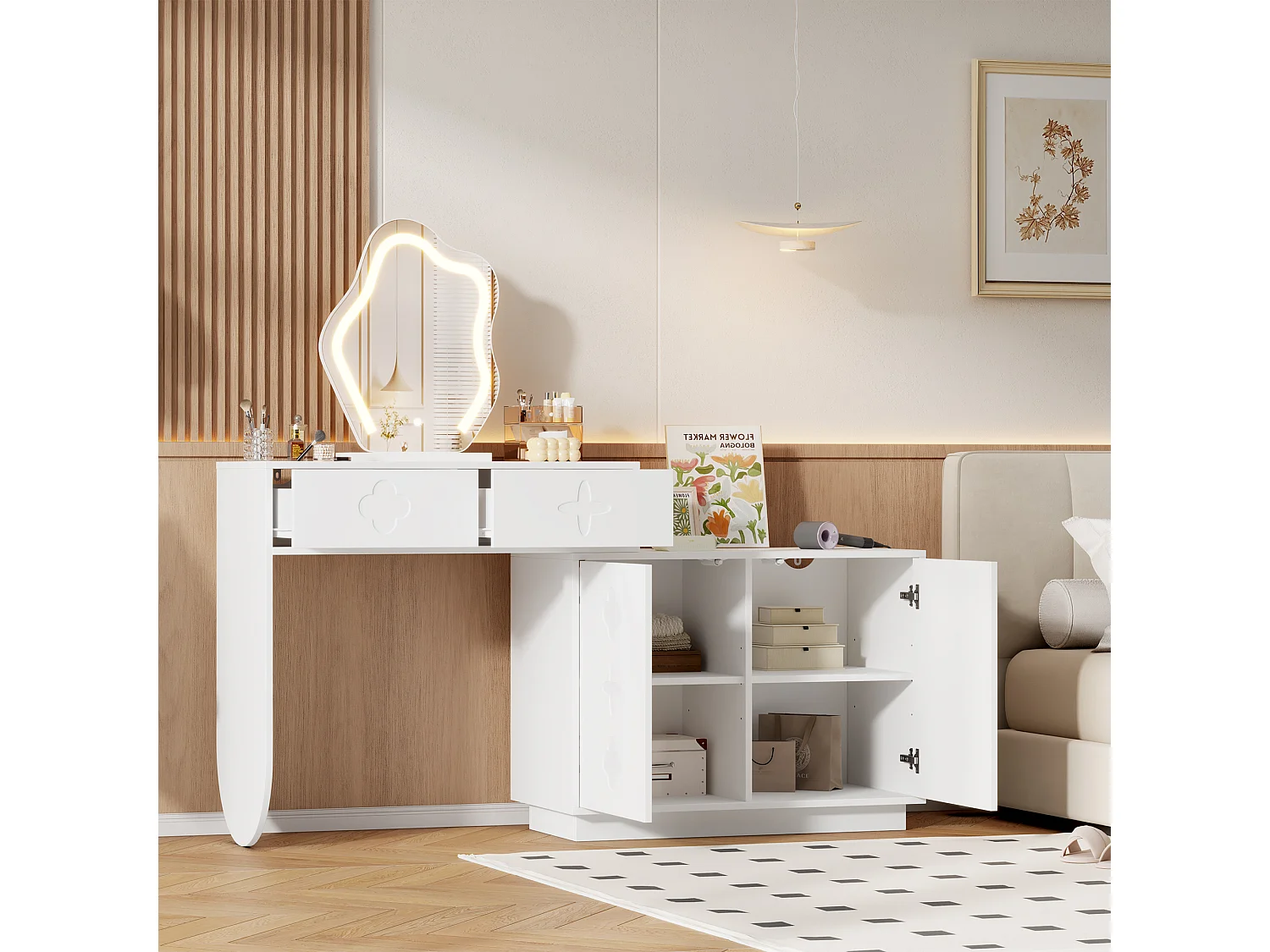 Kaptafel met LED-spiegel - 160 x 40 x 132 cm - met 2 lades + 1 kast met twee deuren - MDF + spaanplaat - wit