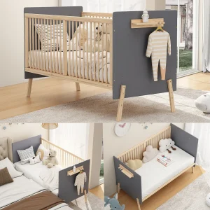 In hoogte verstelbaar houten babybedje – 140 x 70 x 86 cm – zonder matras – naturel + blauwgrijs In hoogte verstelbaar houten babybedje – 140 x 70 x 86 cm – zonder matras – naturel + blauwgrijs