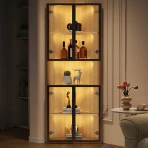 Hoekvitrine van glas – 62 x 32 x 160 cm – met LED-verlichting + deur – MDF + glas – naturel Hoekvitrine van glas – 62 x 32 x 160 cm – met LED-verlichting + deur – MDF + glas – naturel