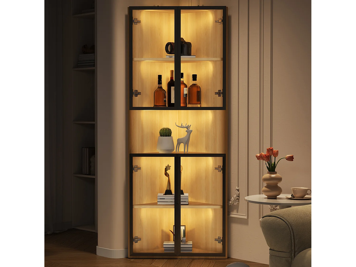 Hoekvitrine van glas - 62 x 32 x 160 cm - met LED-verlichting + deur - MDF + glas - naturel