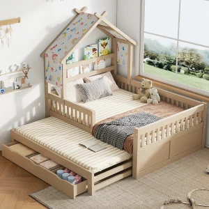 Houten platformbed – 140 x 200 cm – met uitschuifbed 90 x 190 cm + lades + veiligheidsrails – naturel Houten platformbed – 140 x 200 cm – met uitschuifbed 90 x 190 cm + lades + veiligheidsrails – naturel