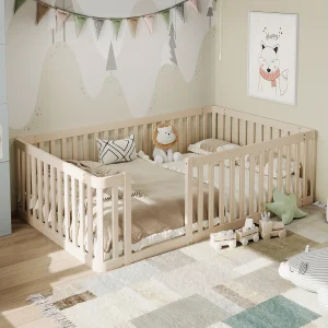 Houten kinderbedframe – 90 x 200 cm – met veiligheidshekje – zonder lattenbodem – crème Houten kinderbedframe – 90 x 200 cm – met veiligheidshekje – zonder lattenbodem – crème