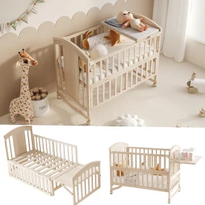 Houten babybedje – 120 x 60 x 95 cm – met aankleedtafel + opklapbaar opbergplankje – hout – naturel