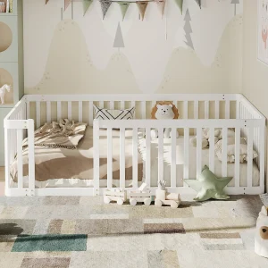 Houten kinderbedframe – 90 x 200 cm – met veiligheidshekje – zonder lattenbodem – wit Houten kinderbedframe – 90 x 200 cm – met veiligheidshekje – zonder lattenbodem – wit