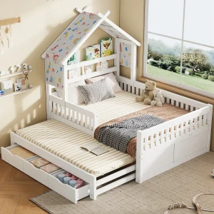Houten platformbed – 140 x 200 cm – met uitschuifbed 90 x 190 cm + lades + veiligheidsrails – wit Houten platformbed – 140 x 200 cm – met uitschuifbed 90 x 190 cm + lades + veiligheidsrails – wit