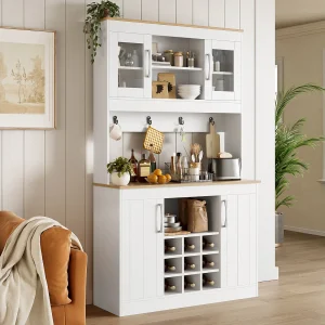Hoge keukenkast – 106 x 39 x 175 cm – met glazen deuren + wijnrek + kledingstang – spaanplaat – wit Hoge keukenkast – 106 x 39 x 175 cm – met glazen deuren + wijnrek + kledingstang – spaanplaat – wit