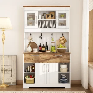 Hoog keukendressoir – 106 x 39 x 176,5 cm – met 4 deuren + 2 lades + kledingstang – spaanplaat – wit Hoog keukendressoir – 106 x 39 x 176,5 cm – met 4 deuren + 2 lades + kledingstang – spaanplaat – wit