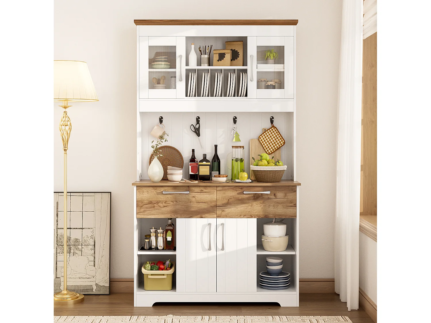 Hoog keukendressoir - 106 x 39 x 176,5 cm - met 4 deuren + 2 lades + kledingstang - spaanplaat - wit