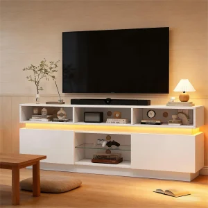 Hoogglans gelakte tv-standaard voor de woonkamer – 160 x 35 x 60 cm – met plank van gehard glas + ledverlichting + deuren – MDF – wit Hoogglans gelakte tv-standaard voor de woonkamer – 160 x 35 x 60 cm – met plank van gehard glas + ledverlichting + deuren – MDF – wit