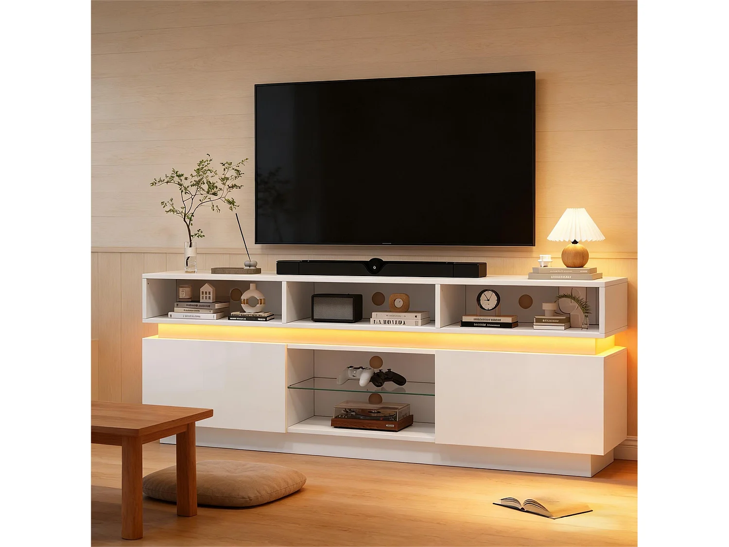 Hoogglans gelakte tv-standaard voor de woonkamer - 160 x 35 x 60 cm - met plank van gehard glas + ledverlichting + deuren - MDF - wit