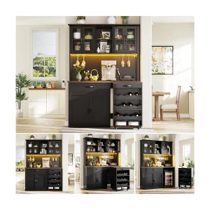 Hoog keukendressoir – 140 x 38 x 180 cm – met lade + deuren + LED-verlichting + verrijdbaar onderstel – MDF – zwart Hoog keukendressoir – 140 x 38 x 180 cm – met lade + deuren + LED-verlichting + verrijdbaar onderstel – MDF – zwart