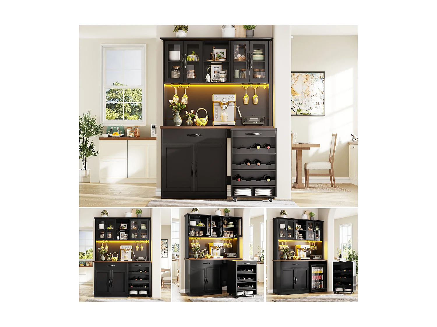 Hoog keukendressoir - 140 x 38 x 180 cm - met lade + deuren + LED-verlichting + verrijdbaar onderstel - MDF - zwart