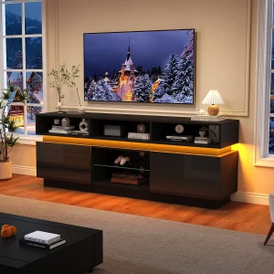 Hoogglans gelakte tv-standaard voor de woonkamer – 160 x 35 x 60 cm – met plank van gehard glas + ledverlichting + deuren – MDF – zwart Hoogglans gelakte tv-standaard voor de woonkamer – 160 x 35 x 60 cm – met plank van gehard glas + ledverlichting + deuren – MDF – zwart