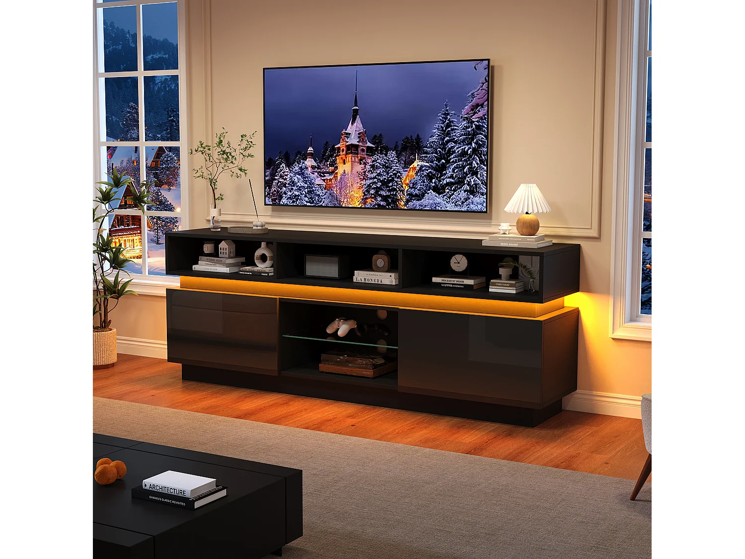 Hoogglans gelakte tv-standaard voor de woonkamer - 160 x 35 x 60 cm - met plank van gehard glas + ledverlichting + deuren - MDF - zwart
