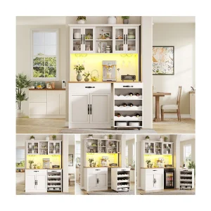 Hoge keukenkast – 140 x 38 x 180 cm – met lade + deuren + LED-verlichting + verrijdbaar onderstel – MDF – wit Hoge keukenkast – 140 x 38 x 180 cm – met lade + deuren + LED-verlichting + verrijdbaar onderstel – MDF – wit