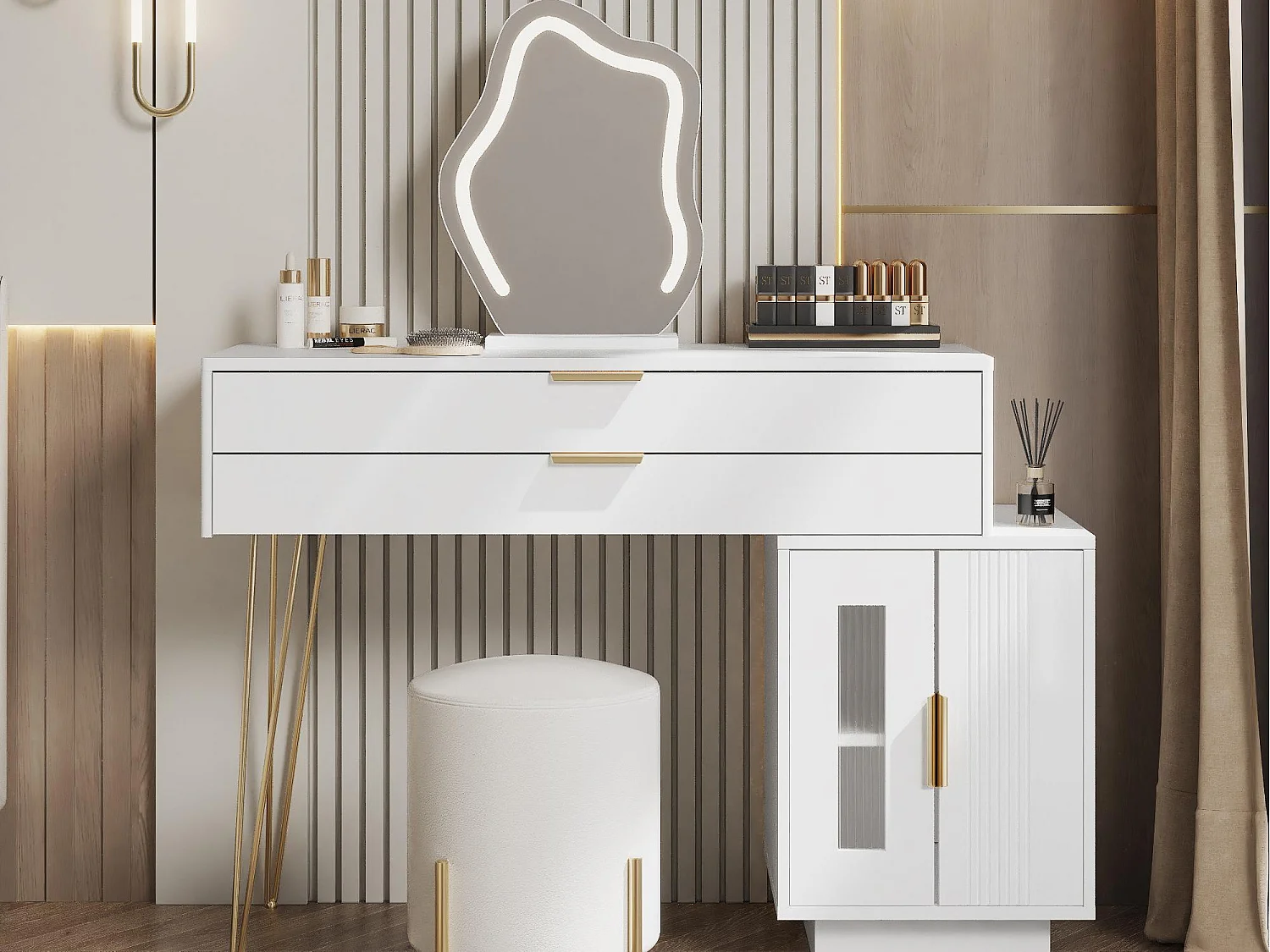 Kaptafel met spiegel en LED-verlichting - 2 lades en een uitneembare kast - Wit (kruk niet inbegrepen)