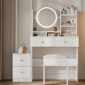Kaptafel met spiegel – met krukje – met verstelbare LED-verlichting – met 4 laden – wit