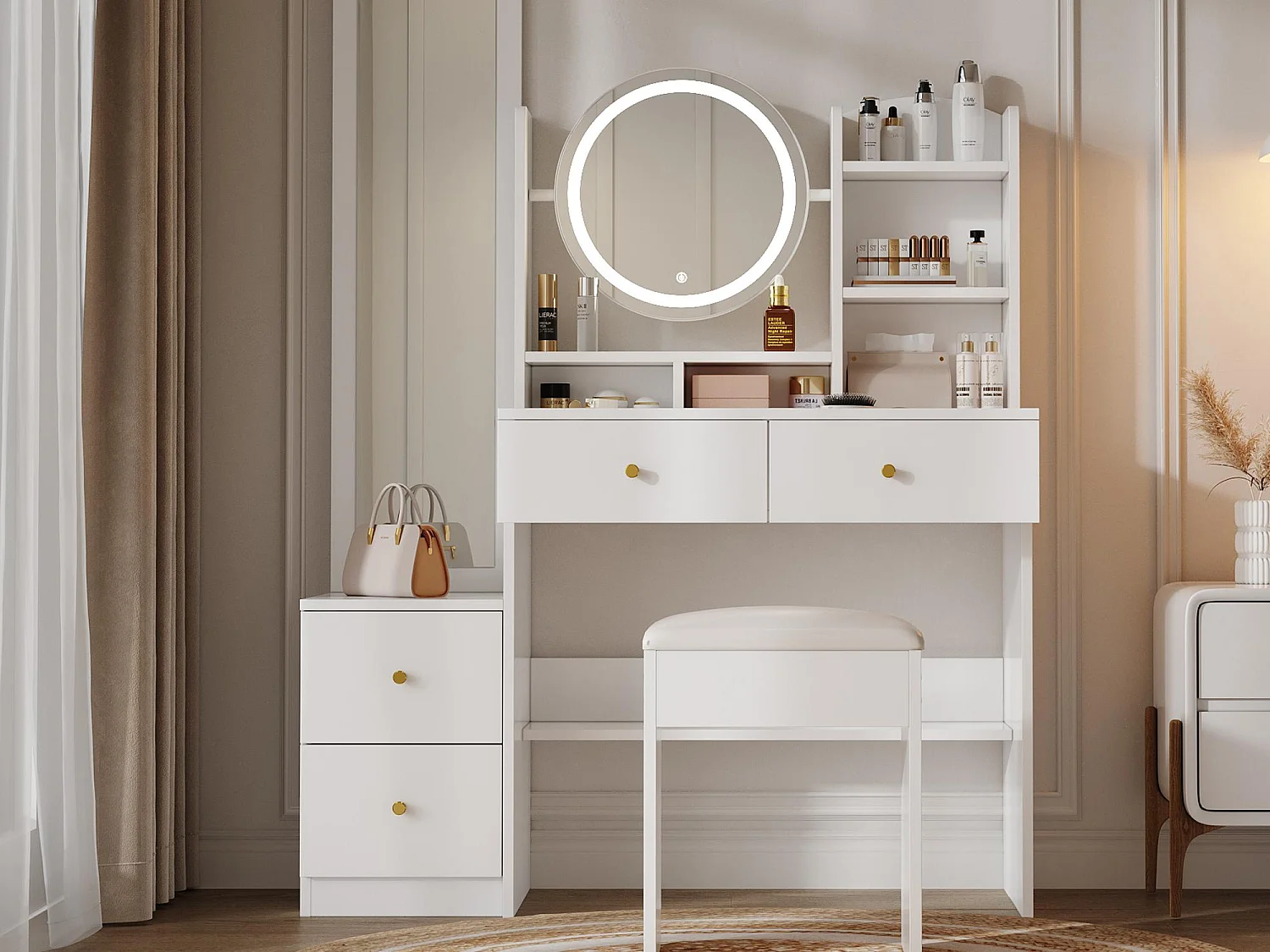 Kaptafel met spiegel - met krukje - met verstelbare LED-verlichting - met 4 laden - wit