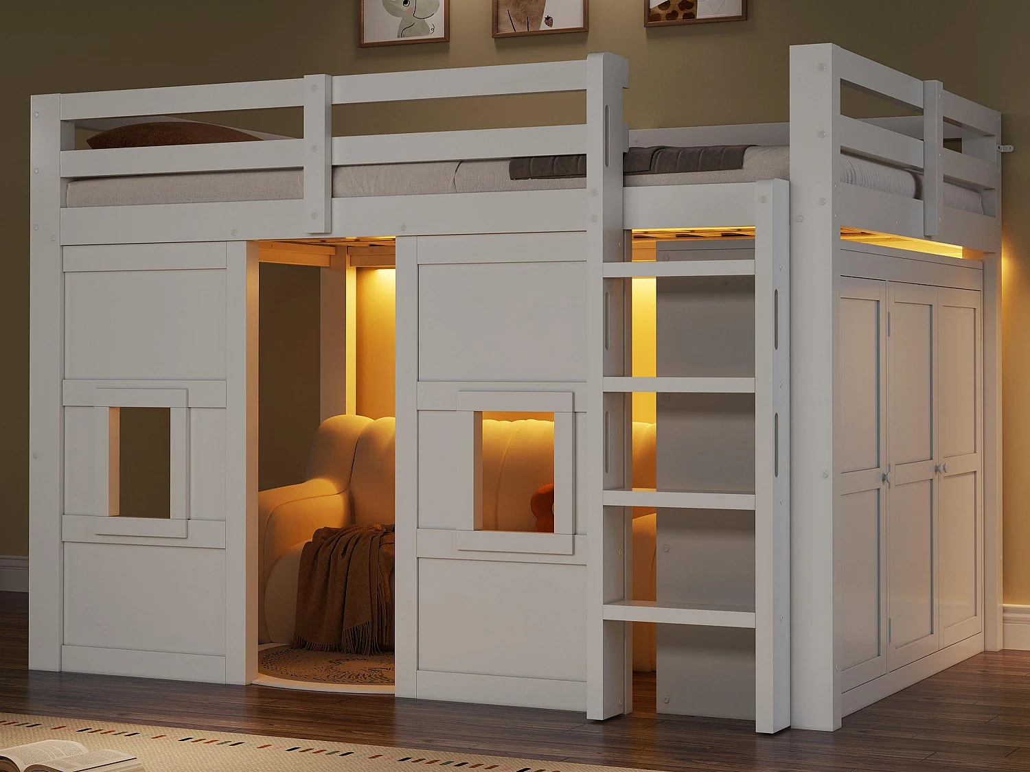 Hoogslaper van hout 140x200 cm met LED-verlichting - Ingebouwde kast - Veiligheidshek en ladder - MDF - Wit (zonder matras)