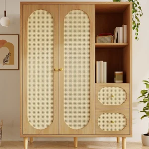 Kast 120x44x161cm – Open planken en kledingstangen – con 2 rotan deuren en 2 rotan lades – landelijke stijl – eiken kleur