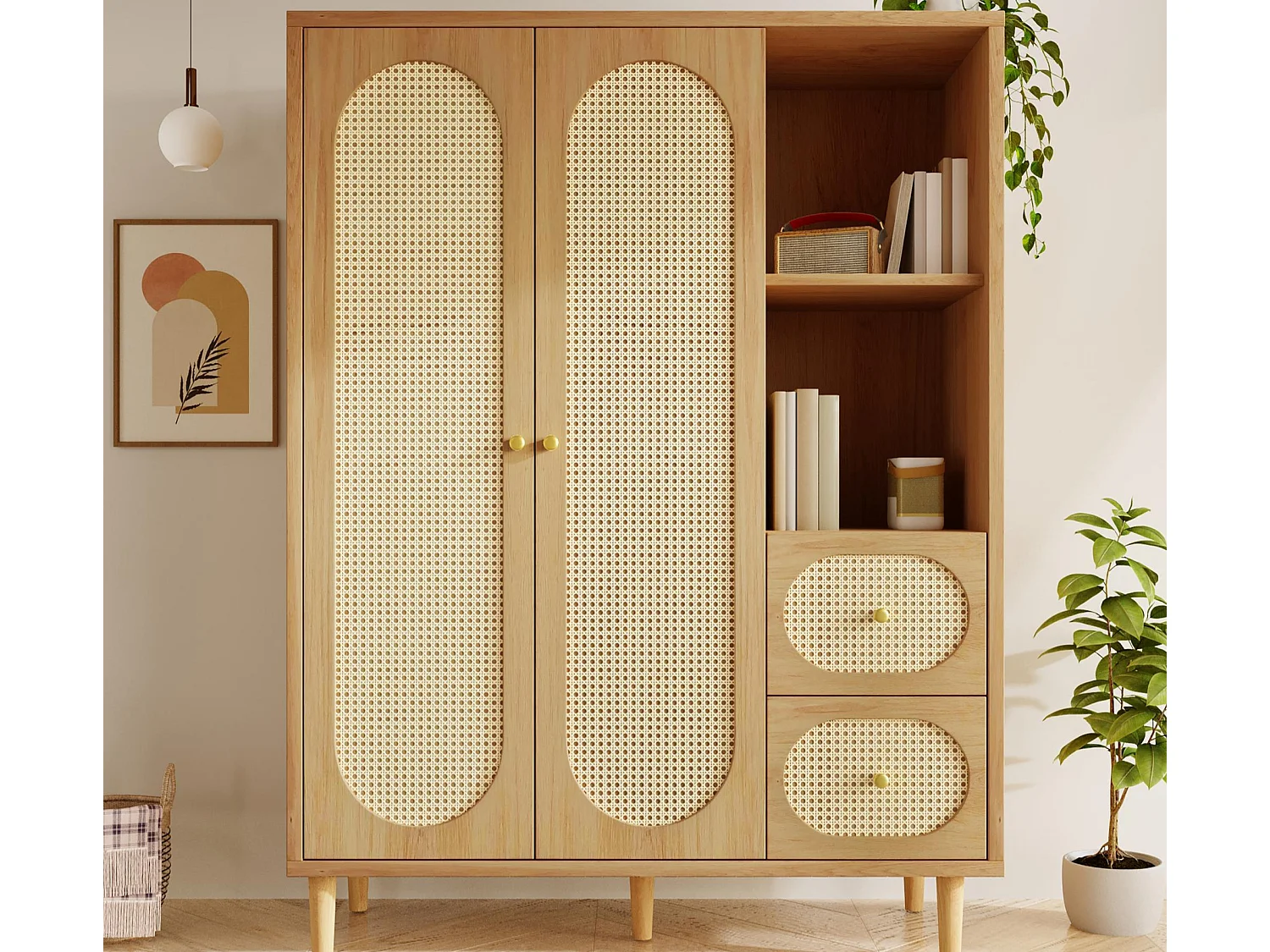 Kast 120x44x161cm - Open planken en kledingstangen - con 2 rotan deuren en 2 rotan lades - landelijke stijl - eiken kleur