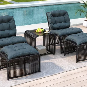 Informele tuinset 5-delig – inclusief 1 tafel, 2 stoelen en 2 krukken – met kussens en een glazen blad – Grijs