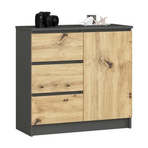 Ladekast JERRY met 3 Lades en 2 Deuren / AKORD Furniture Factory / Grafietgrijs – Eiken / 80 x 77 x 35 cm Ladekast JERRY met 3 Lades en 2 Deuren / AKORD Furniture Factory / Grafietgrijs – Eiken / 80 x 77 x 35 cm