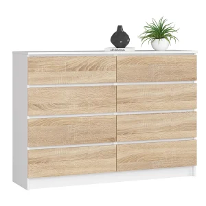 Ladekast K140 met 8 Lades / AKORD Furniture Factory / Wit – Sonoma Eik / 138 x 99 x 40 cm Ladekast K140 met 8 Lades / AKORD Furniture Factory / Wit – Sonoma Eik / 138 x 99 x 40 cm