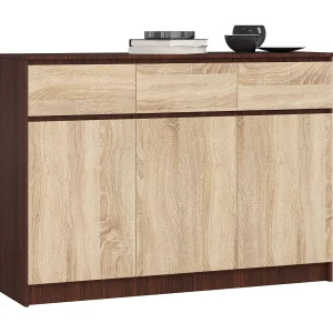 Ladekast K140 met 3 Lades en 3 Deuren / AKORD Furniture Factory / Venge – Sonoma Eik / 138 x 99 x 40 cm Ladekast K140 met 3 Lades en 3 Deuren / AKORD Furniture Factory / Venge – Sonoma Eik / 138 x 99 x 40 cm