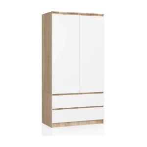 Kast "Sonoma Wit" S90 2D 2SZ – Moderne Opbergkast met 2 Deuren en 2 Laden, 90 cm Breed, DIY Montage, Mat Afwerking, Dons-Sonoma en Witte Kleur