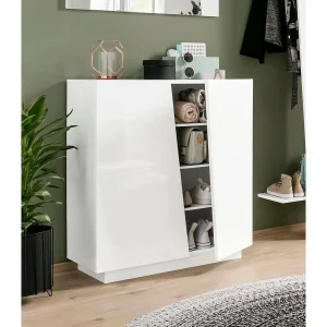 Dmora Schoenenkast Joel 38x80x86h cm Glanzend Wit 3 Planken 16 Paar, Schoenenopberger 2 Deuren Made in Italy
