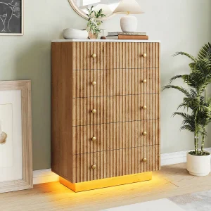 Kast van natuurlijk hout 73x40x111 cm met 5 lades en LED-verlichting – Warme rustieke stijl Kast van natuurlijk hout 73x40x111 cm met 5 lades en LED-verlichting – Warme rustieke stijl