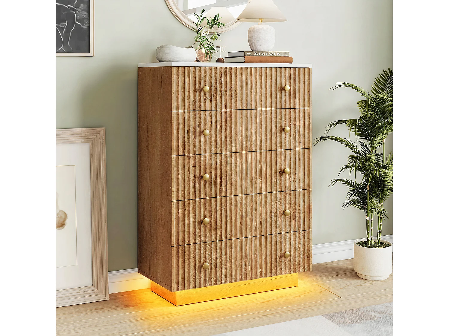 Kast van natuurlijk hout 73x40x111 cm met 5 lades en LED-verlichting - Warme rustieke stijl