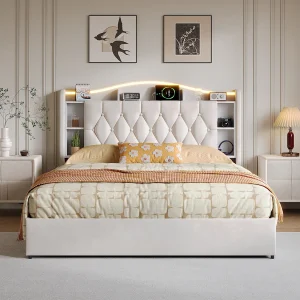 Hydraulisch Opbergbed – 160 x 200 cm – LED- en USB-Oplaadhoofdeinde – Beige Fluweel Hydraulisch Opbergbed – 160 x 200 cm – LED- en USB-Oplaadhoofdeinde – Beige Fluweel