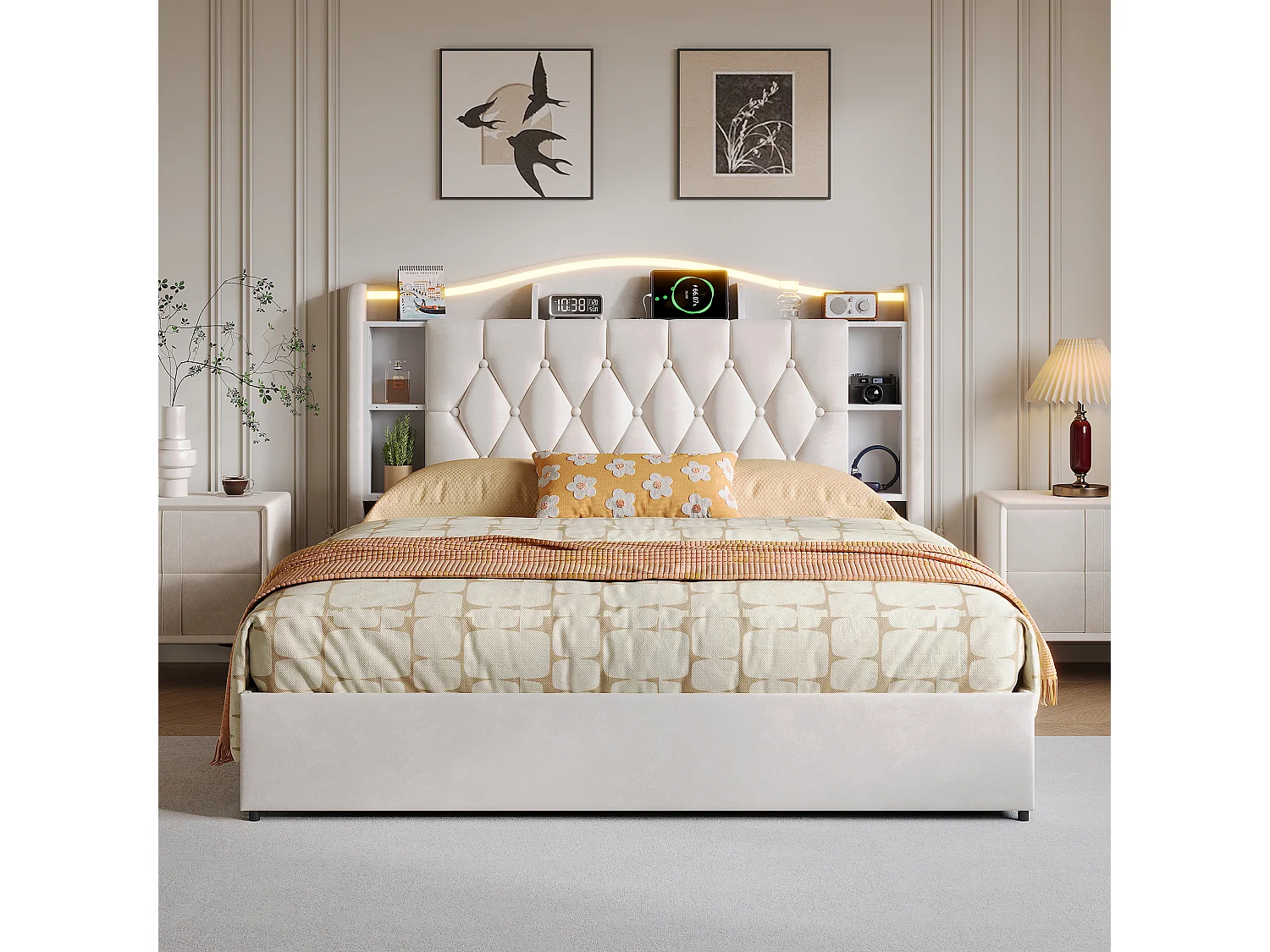 Hydraulisch Opbergbed - 160 x 200 cm - LED- en USB-Oplaadhoofdeinde - Beige Fluweel