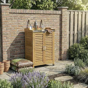 Houten tuinkast "Alexia" met wielen – 66 x 41 x 101 cm – Bruin Houten tuinkast "Alexia" met wielen – 66 x 41 x 101 cm – Bruin