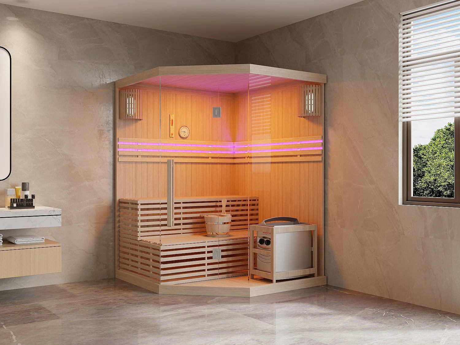 Traditionele hoeksauna - 6KW kachel - 3/4 personen - B150 x D150 x H200 cm - KALSOY