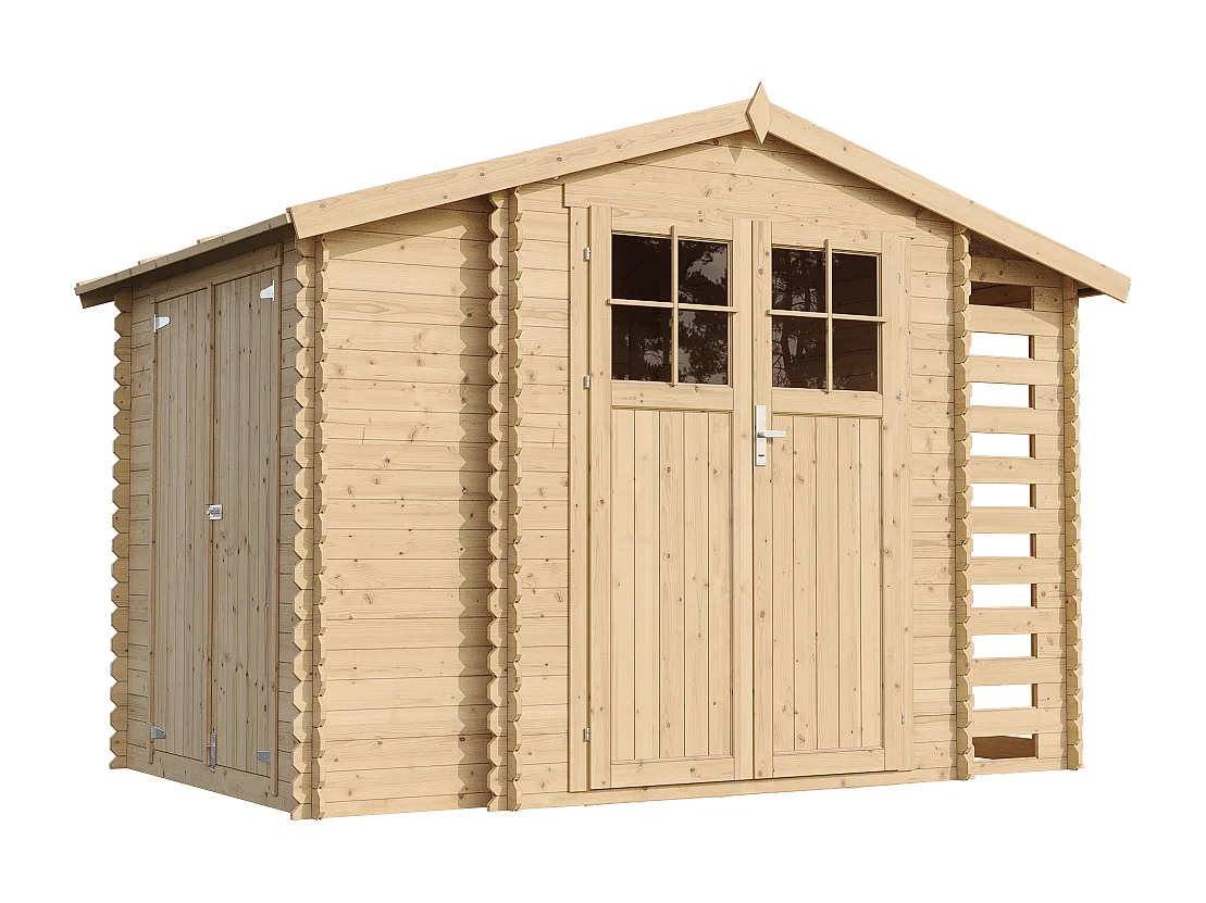 Houten tuinhuis met houtopslag TIMBELA M389F+M389G - met geïmpregneerde vloer - 3,53 + 0,97 + 0,97 m2