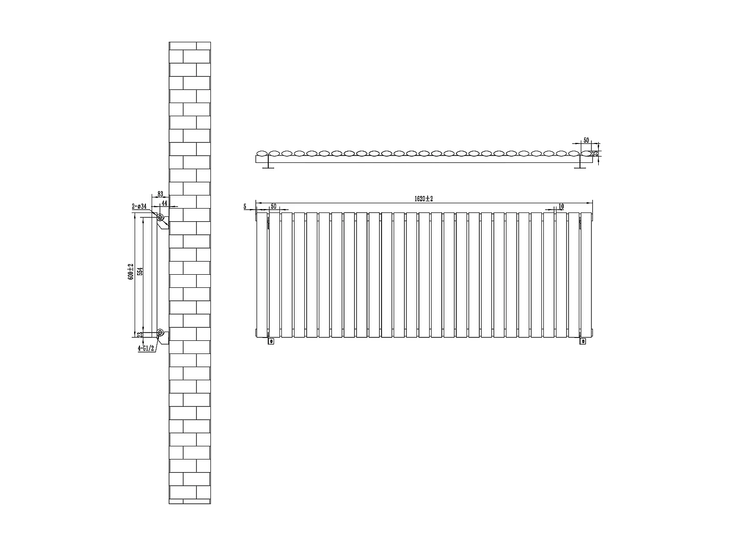 Horizontale design radiator ovaal 1 kolom - zwart 600x1620 mm thermostaatkraan