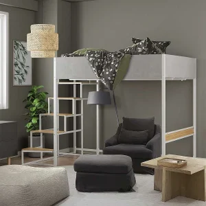 Hoogslaper met lattenbodem + trap van lichtgrijze stof, wit metaal en melamine met eikimitatie – groot bed 140×190 cm – DOCKLAND Hoogslaper met lattenbodem + trap van lichtgrijze stof, wit metaal en melamine met eikimitatie – groot bed 140×190 cm – DOCKLAND