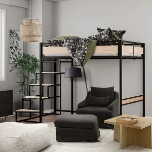 Hoogslaper met lattenbodem en trap van metaal met zwarte epoxy afwerking en melamine met eikimitatie – groot bed 140 x 190 cm – MONTANA Hoogslaper met lattenbodem en trap van metaal met zwarte epoxy afwerking en melamine met eikimitatie – groot bed 140 x 190 cm – MONTANA