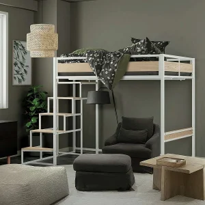 Hoogslaper met lattenbodem en trap van metaal met witte epoxy afwerking en melamine met eikimitatie – groot bed 140 x 190 cm – MONTANA Hoogslaper met lattenbodem en trap van metaal met witte epoxy afwerking en melamine met eikimitatie – groot bed 140 x 190 cm – MONTANA